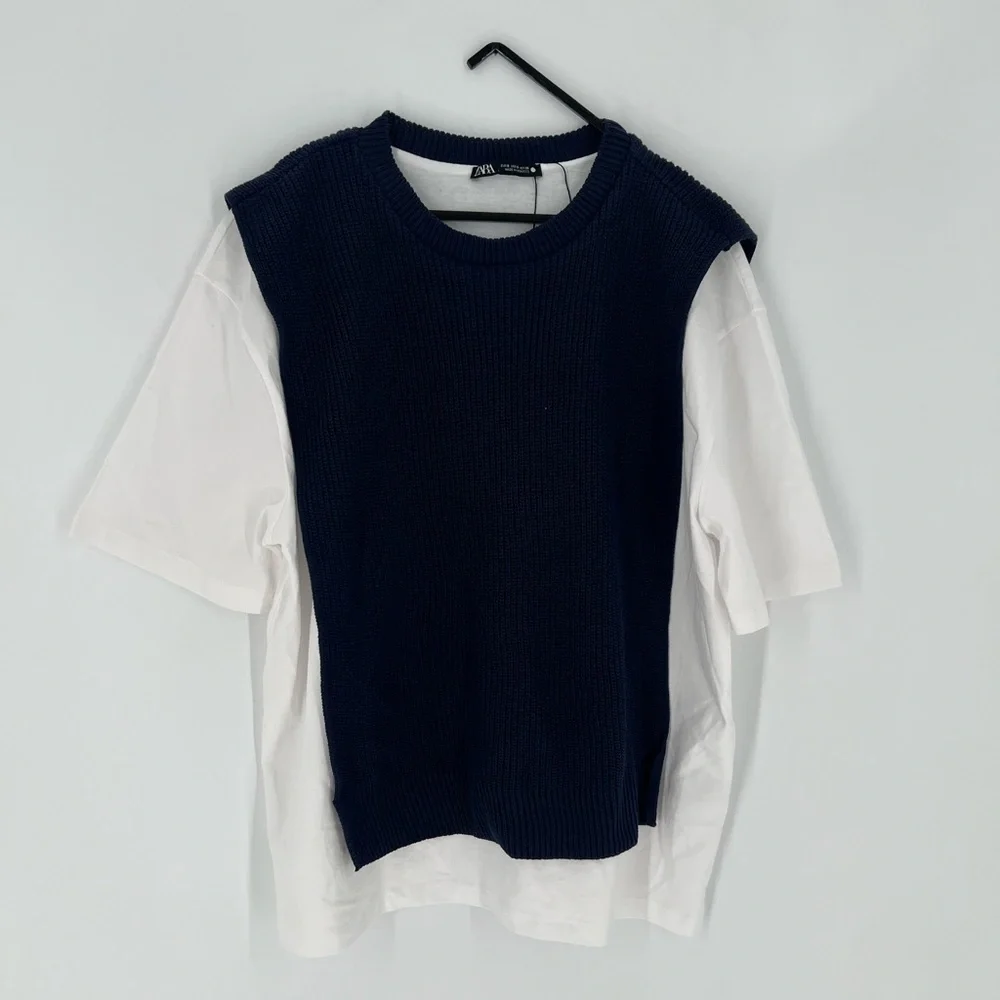 Zara Knit Sweater Contrasting Overlay Mixed Shirt Sweater Layered Bib Vest